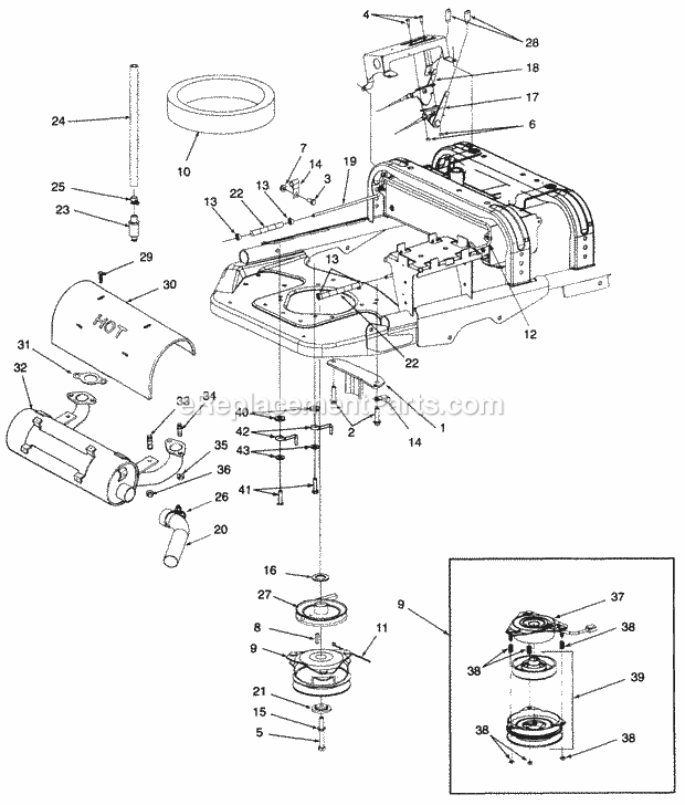 Engine Mounting, Muffler, Controls & Pto Clut 1 Diagram and Parts List for Z48 53AC355M100 Cub Cadet Lawn Mower